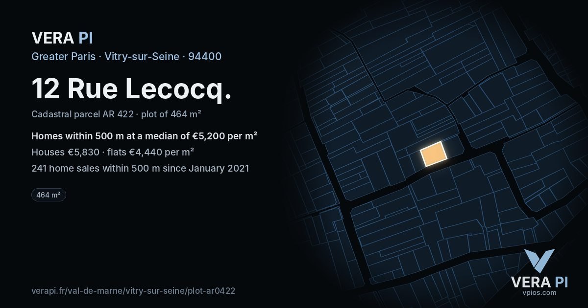 12 Rue Lecocq, Vitry-sur-Seine at night – the plot lit, the parcels around coloured by the prices near them