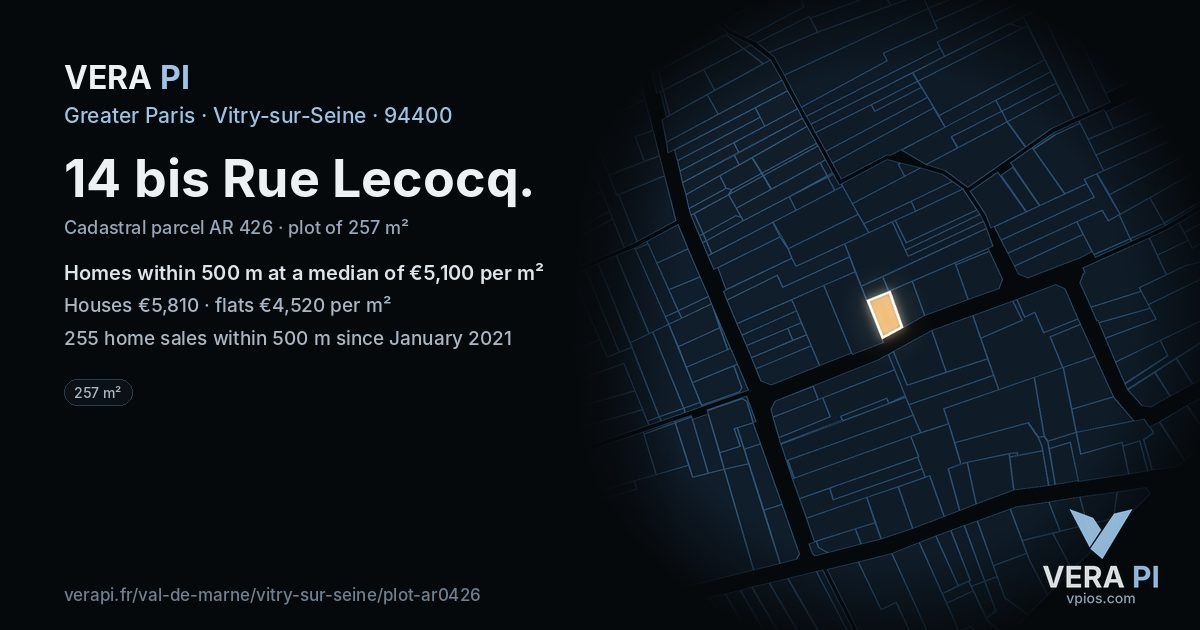 14 bis Rue Lecocq, Vitry-sur-Seine at night – the plot lit, the parcels around coloured by the prices near them