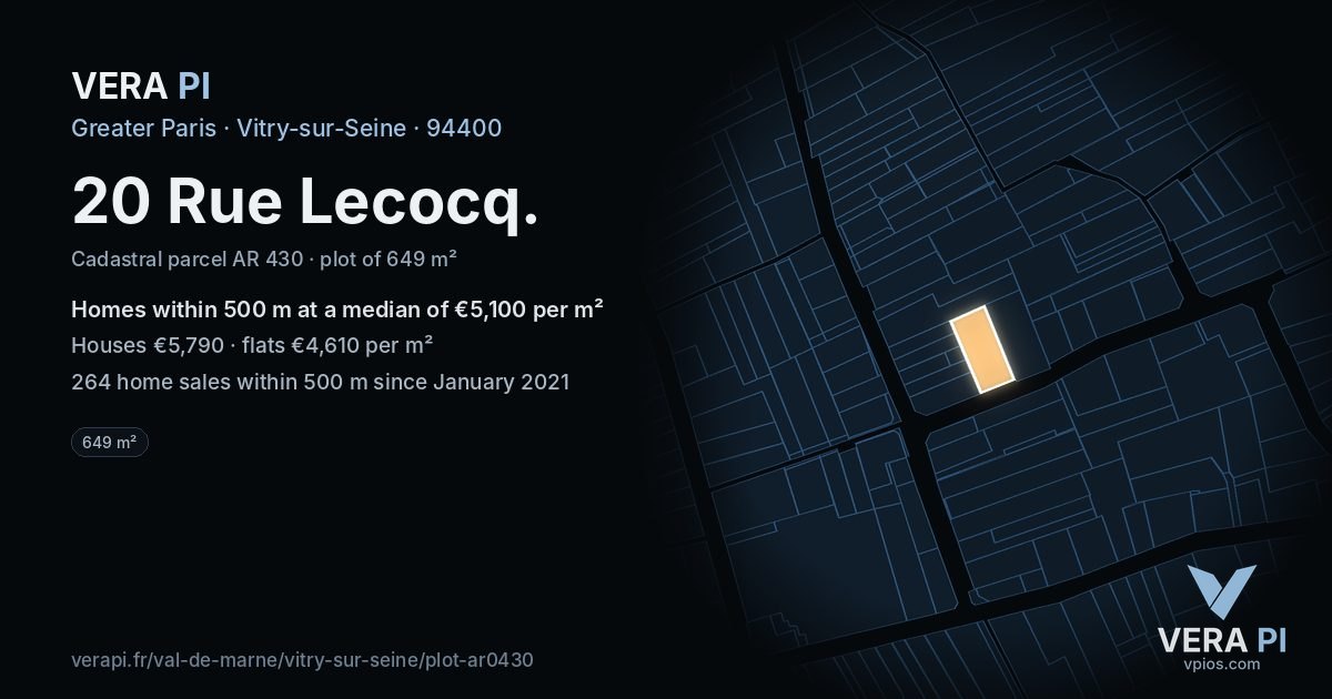 20 Rue Lecocq, Vitry-sur-Seine at night – the plot lit, the parcels around coloured by the prices near them
