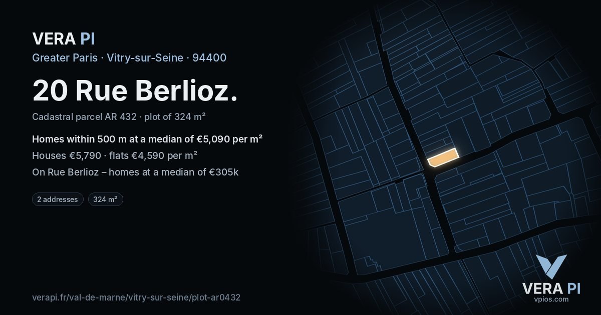20 Rue Berlioz, Vitry-sur-Seine at night – the plot lit, the parcels around coloured by the prices near them