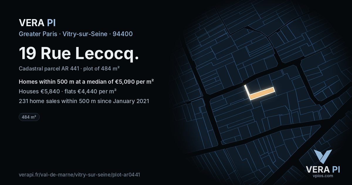 19 Rue Lecocq, Vitry-sur-Seine at night – the plot lit, the parcels around coloured by the prices near them