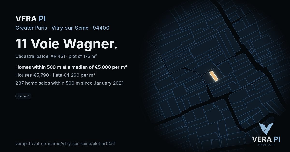 11 Voie Wagner, Vitry-sur-Seine at night – the plot lit, the parcels around coloured by the prices near them