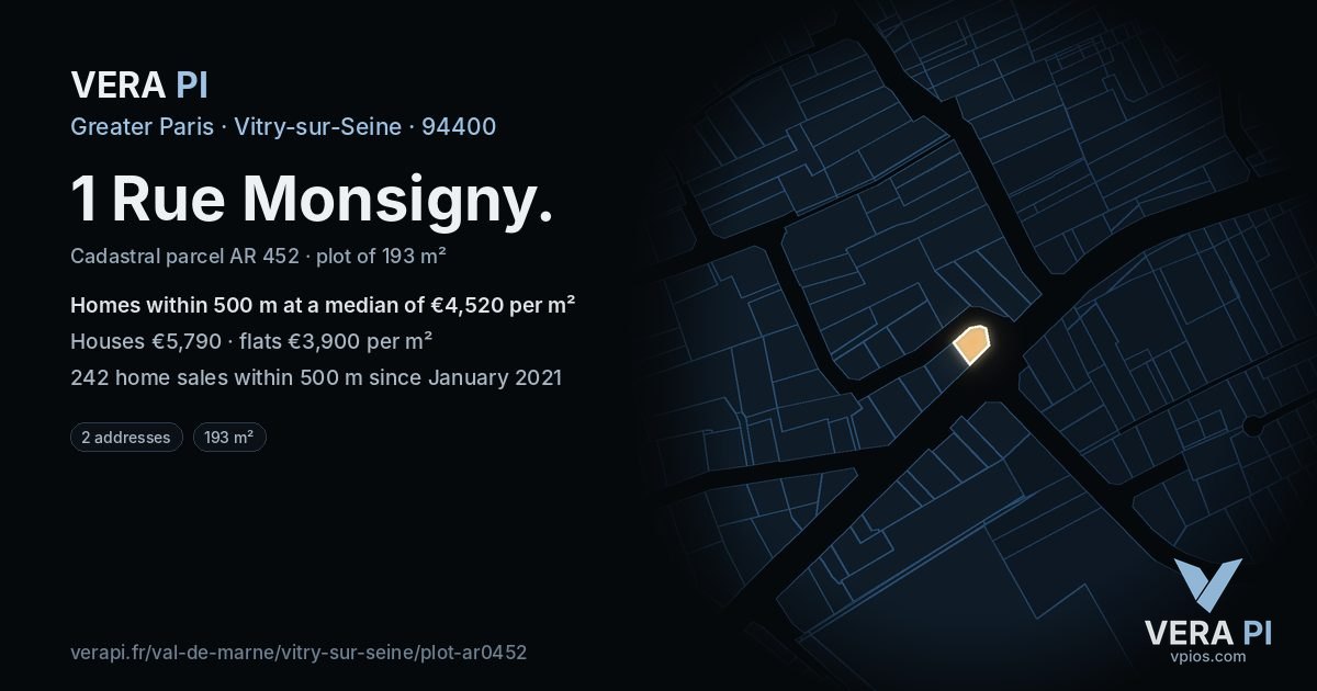 1 Rue Monsigny, Vitry-sur-Seine at night – the plot lit, the parcels around coloured by the prices near them