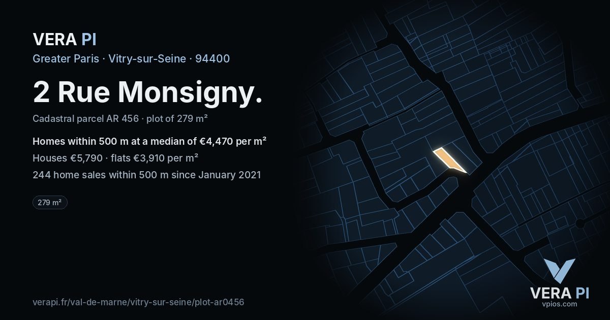 2 Rue Monsigny, Vitry-sur-Seine at night – the plot lit, the parcels around coloured by the prices near them