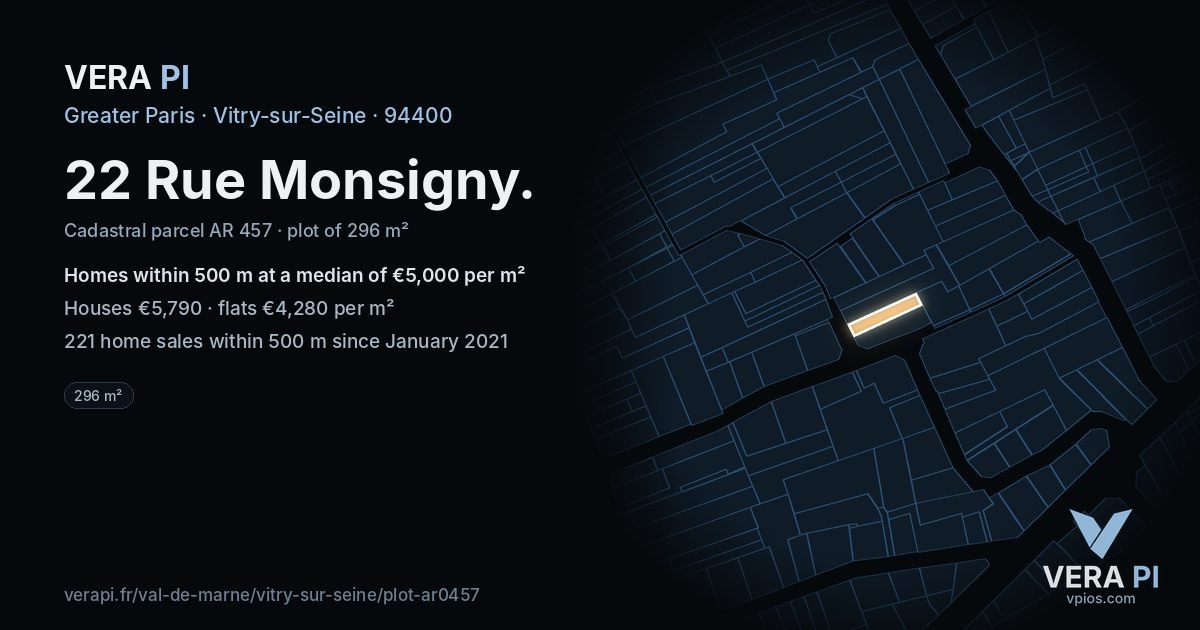 22 Rue Monsigny, Vitry-sur-Seine at night – the plot lit, the parcels around coloured by the prices near them