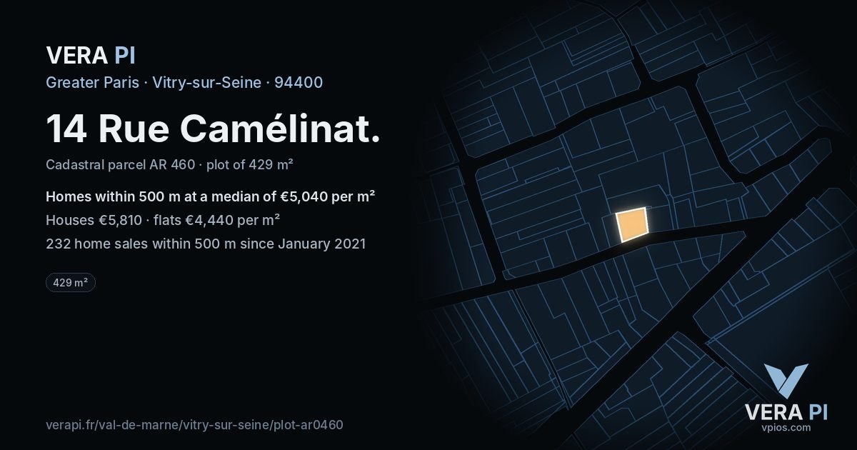 14 Rue Camélinat, Vitry-sur-Seine at night – the plot lit, the parcels around coloured by the prices near them