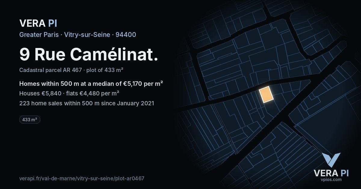9 Rue Camélinat, Vitry-sur-Seine at night – the plot lit, the parcels around coloured by the prices near them