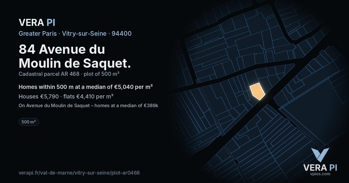 84 Avenue du Moulin de Saquet, Vitry-sur-Seine at night – the plot lit, the parcels around coloured by the prices near them