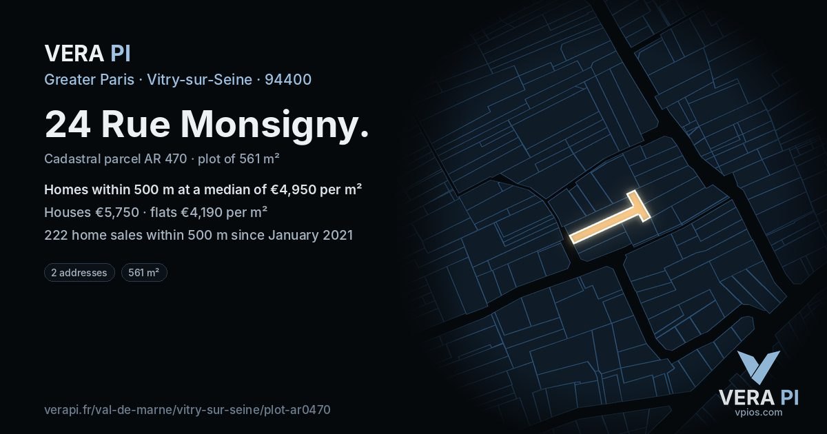 24 Rue Monsigny, Vitry-sur-Seine at night – the plot lit, the parcels around coloured by the prices near them
