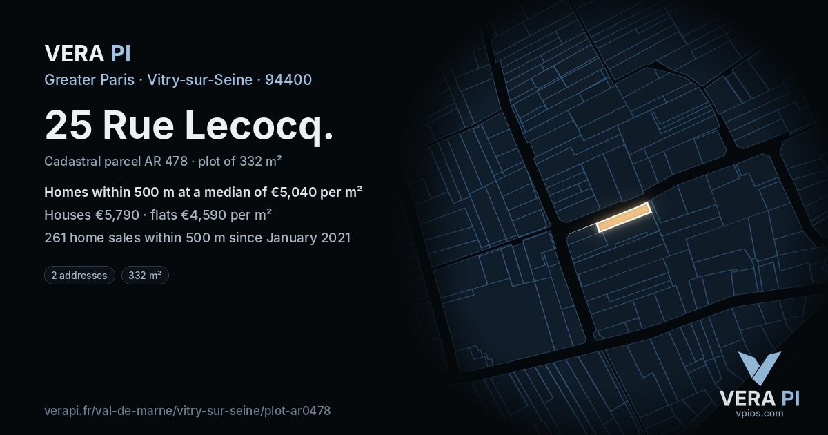 25 Rue Lecocq, Vitry-sur-Seine at night – the plot lit, the parcels around coloured by the prices near them