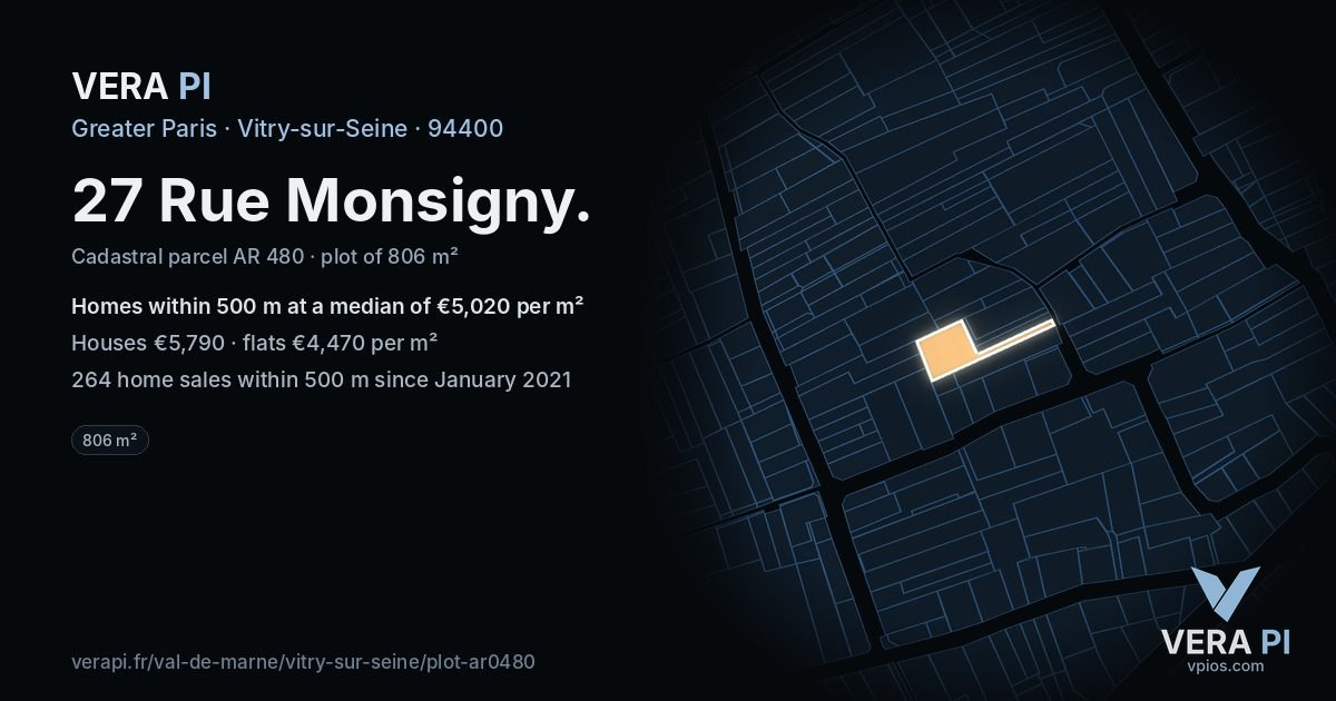 27 Rue Monsigny, Vitry-sur-Seine at night – the plot lit, the parcels around coloured by the prices near them