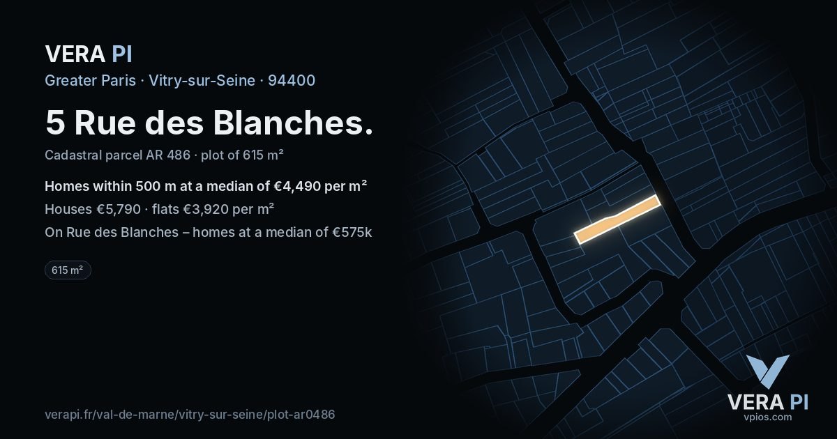 5 Rue des Blanches, Vitry-sur-Seine at night – the plot lit, the parcels around coloured by the prices near them