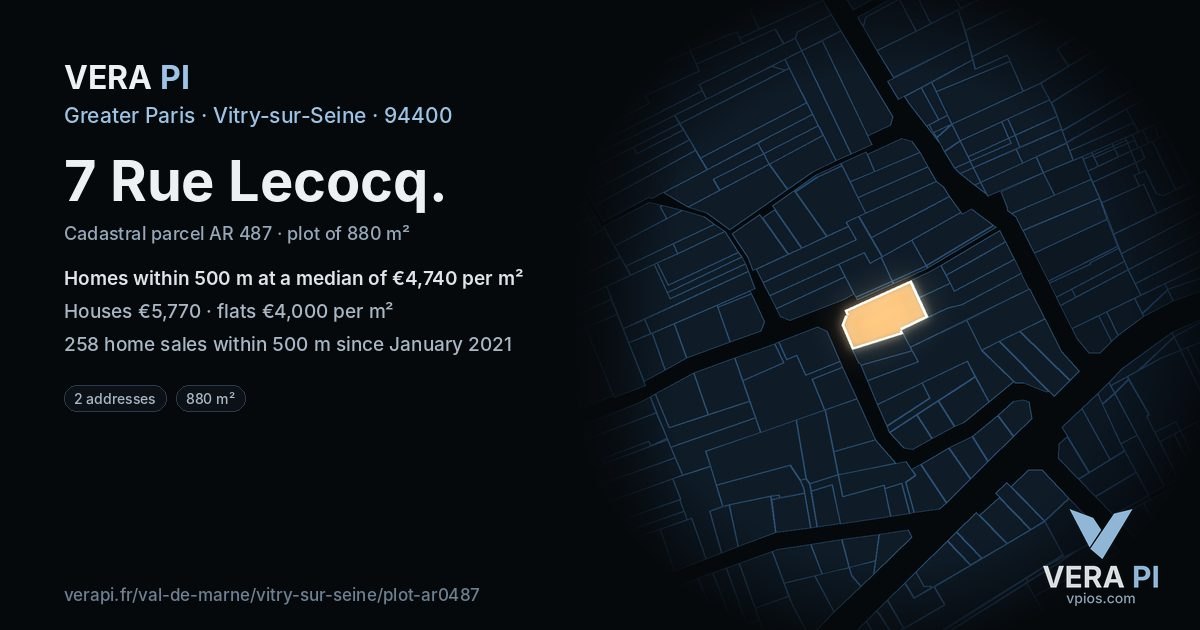 7 Rue Lecocq, Vitry-sur-Seine at night – the plot lit, the parcels around coloured by the prices near them