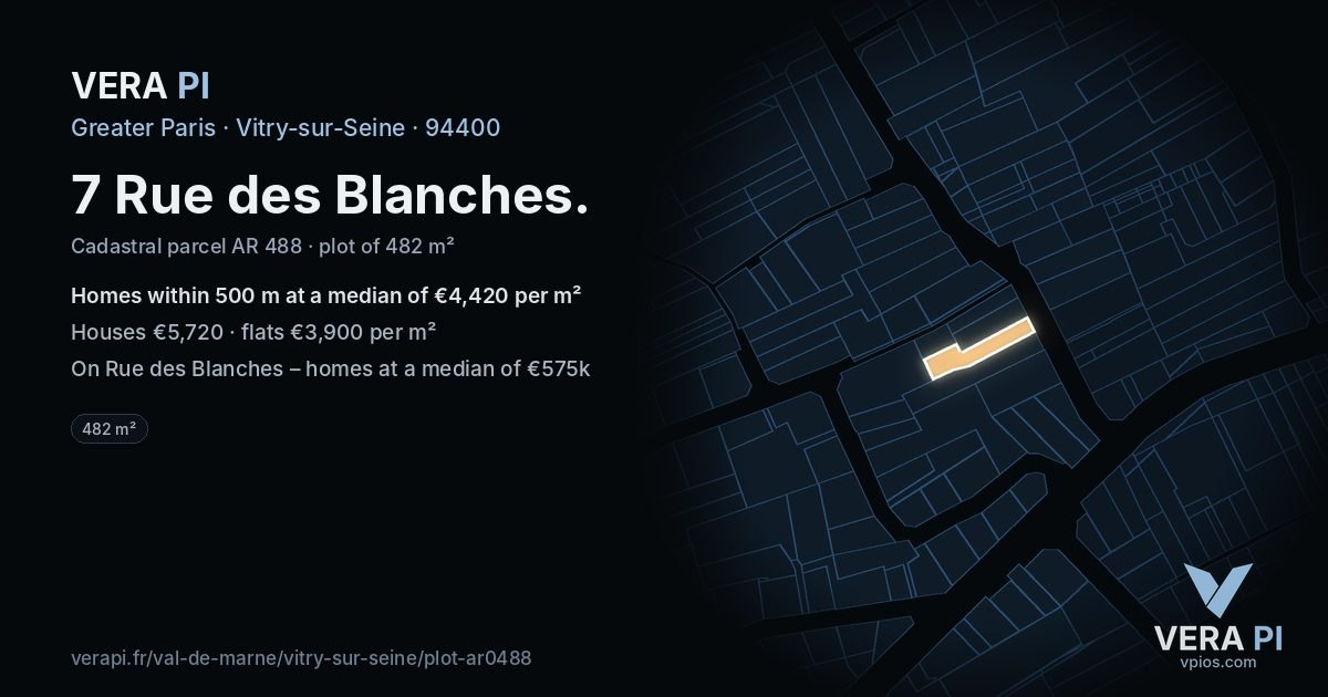 7 Rue des Blanches, Vitry-sur-Seine at night – the plot lit, the parcels around coloured by the prices near them
