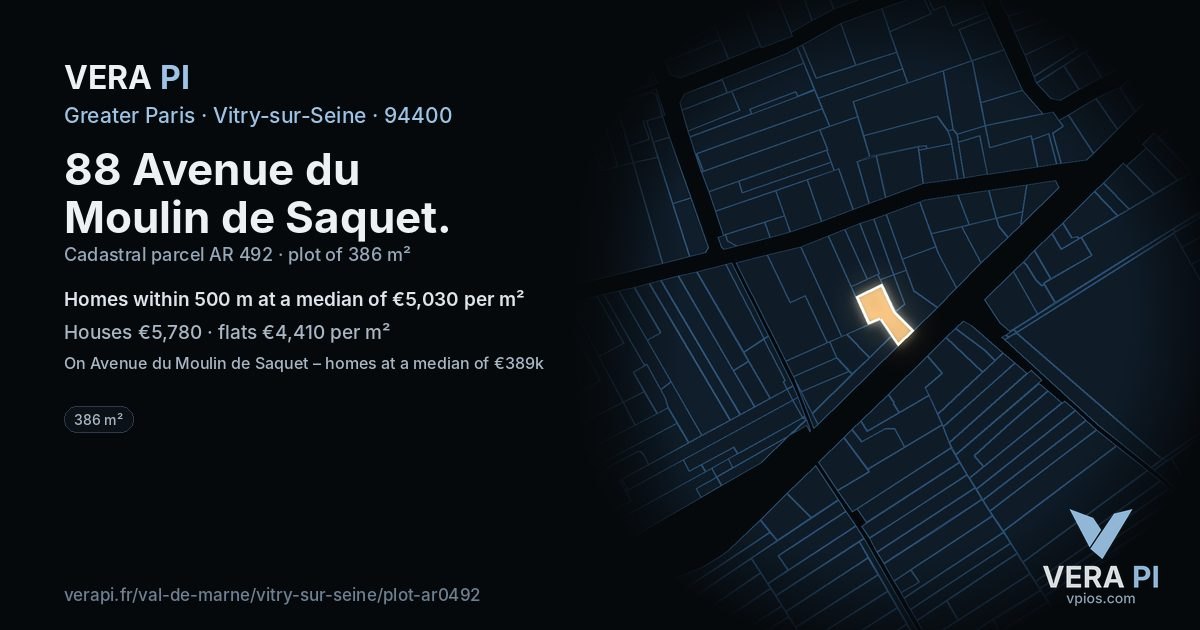 88 Avenue du Moulin de Saquet, Vitry-sur-Seine at night – the plot lit, the parcels around coloured by the prices near them