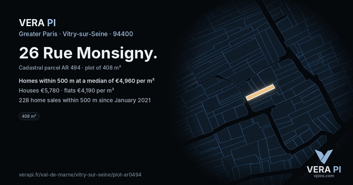 26 Rue Monsigny, Vitry-sur-Seine at night – the plot lit, the parcels around coloured by the prices near them