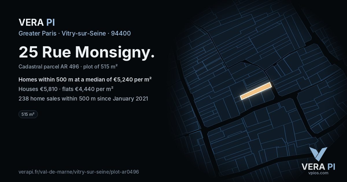 25 Rue Monsigny, Vitry-sur-Seine at night – the plot lit, the parcels around coloured by the prices near them