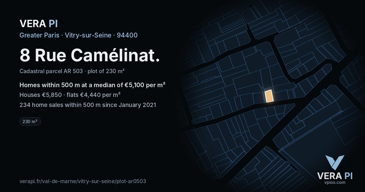 8 Rue Camélinat, Vitry-sur-Seine at night – the plot lit, the parcels around coloured by the prices near them