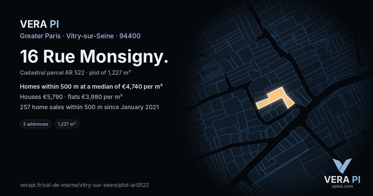 16 Rue Monsigny, Vitry-sur-Seine at night – the plot lit, the parcels around coloured by the prices near them