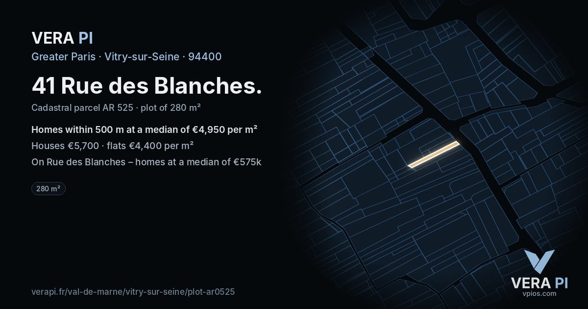41 Rue des Blanches, Vitry-sur-Seine at night – the plot lit, the parcels around coloured by the prices near them
