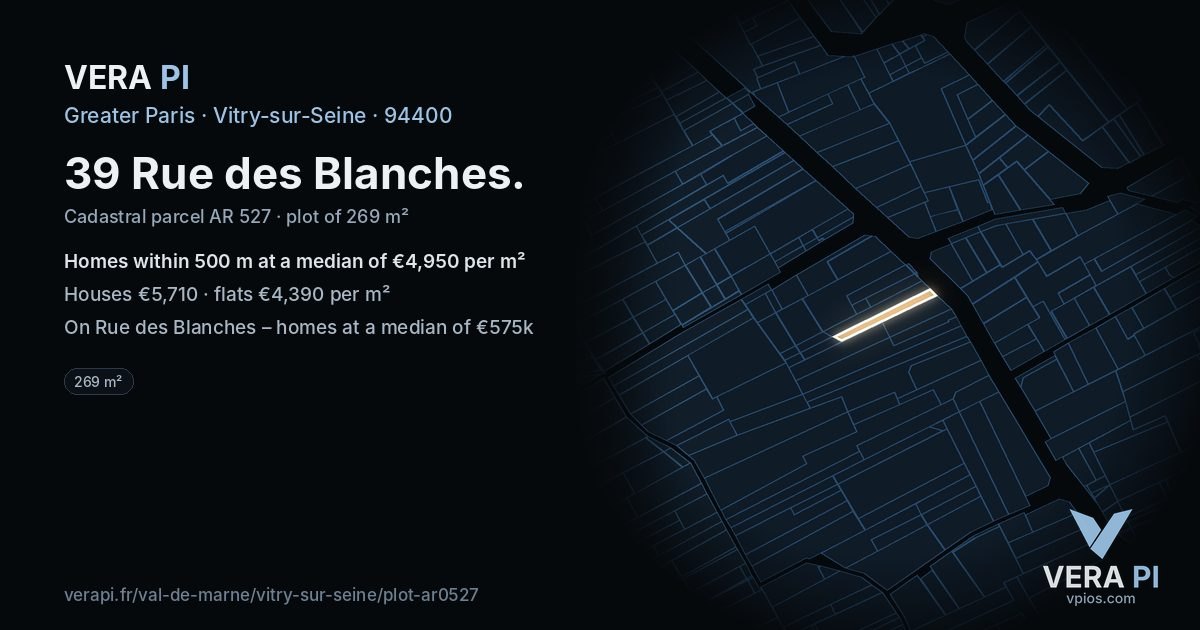 39 Rue des Blanches, Vitry-sur-Seine at night – the plot lit, the parcels around coloured by the prices near them