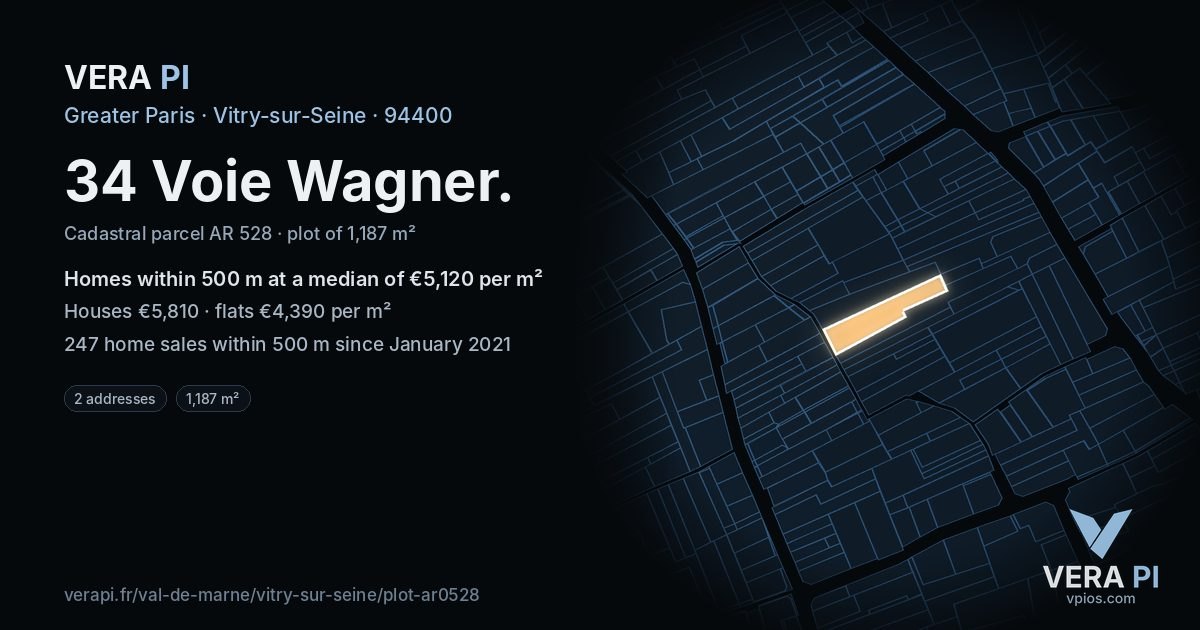 34 Voie Wagner, Vitry-sur-Seine at night – the plot lit, the parcels around coloured by the prices near them