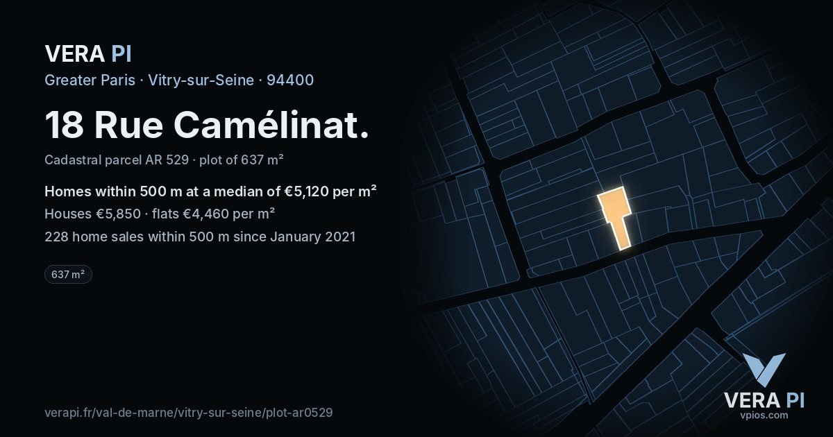 18 Rue Camélinat, Vitry-sur-Seine at night – the plot lit, the parcels around coloured by the prices near them