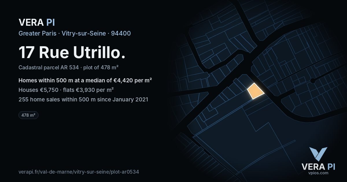 17 Rue Utrillo, Vitry-sur-Seine at night – the plot lit, the parcels around coloured by the prices near them