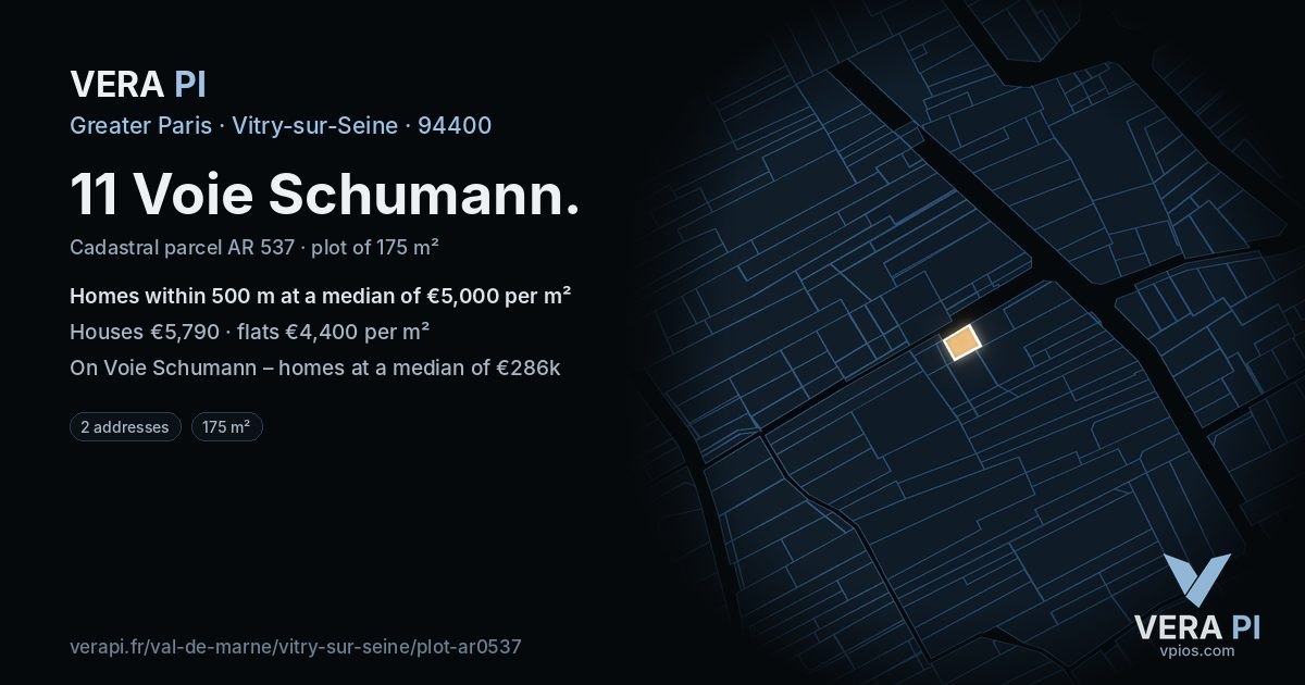 11 Voie Schumann, Vitry-sur-Seine at night – the plot lit, the parcels around coloured by the prices near them