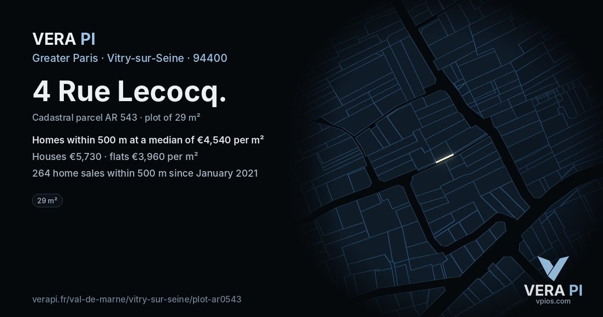 4 Rue Lecocq, Vitry-sur-Seine at night – the plot lit, the parcels around coloured by the prices near them