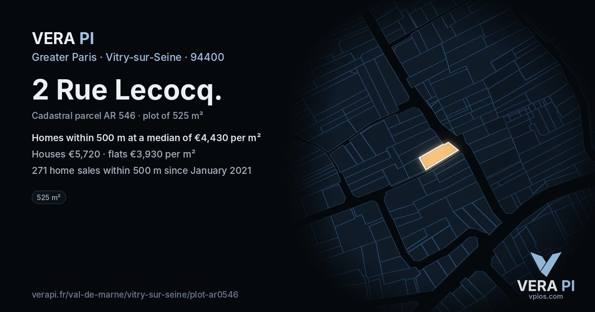 2 Rue Lecocq, Vitry-sur-Seine at night – the plot lit, the parcels around coloured by the prices near them