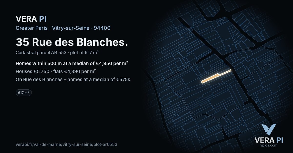 35 Rue des Blanches, Vitry-sur-Seine at night – the plot lit, the parcels around coloured by the prices near them