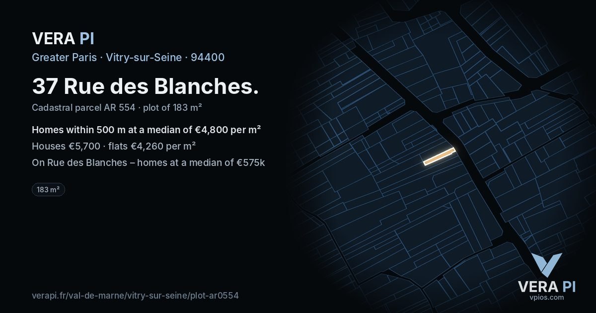 37 Rue des Blanches, Vitry-sur-Seine at night – the plot lit, the parcels around coloured by the prices near them