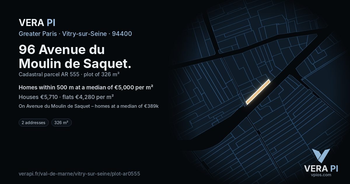 96 Avenue du Moulin de Saquet, Vitry-sur-Seine at night – the plot lit, the parcels around coloured by the prices near them