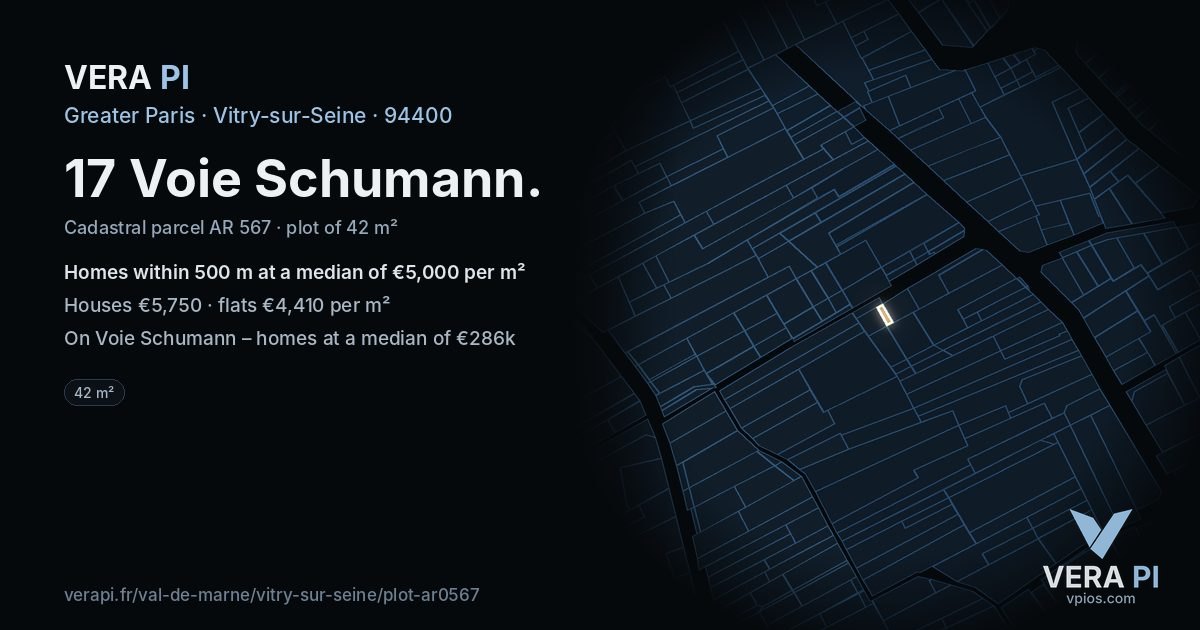 17 Voie Schumann, Vitry-sur-Seine at night – the plot lit, the parcels around coloured by the prices near them