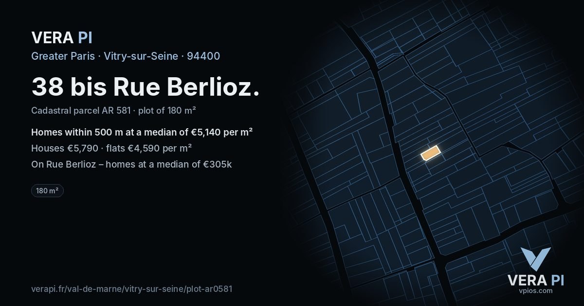 38 bis Rue Berlioz, Vitry-sur-Seine at night – the plot lit, the parcels around coloured by the prices near them