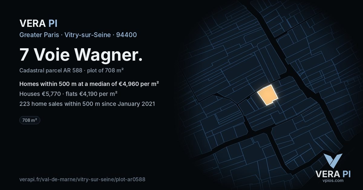 7 Voie Wagner, Vitry-sur-Seine at night – the plot lit, the parcels around coloured by the prices near them