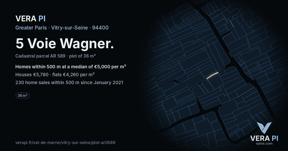 5 Voie Wagner, Vitry-sur-Seine at night – the plot lit, the parcels around coloured by the prices near them