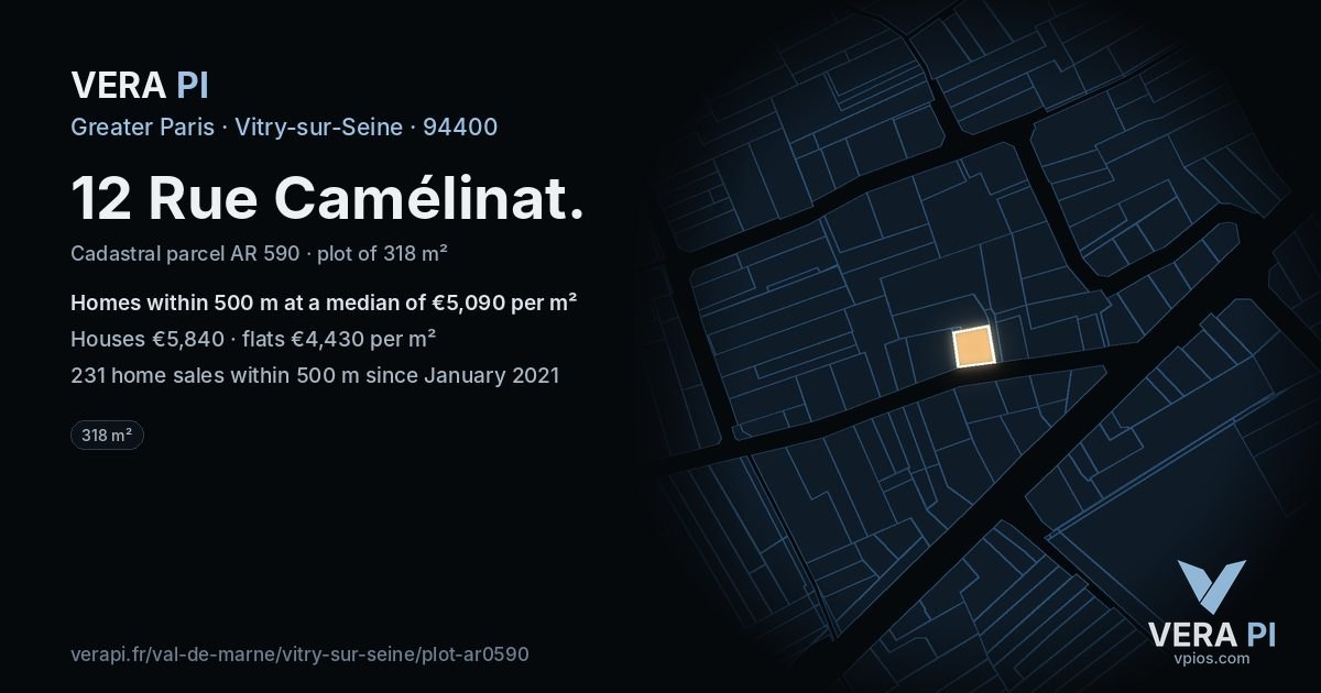 12 Rue Camélinat, Vitry-sur-Seine at night – the plot lit, the parcels around coloured by the prices near them