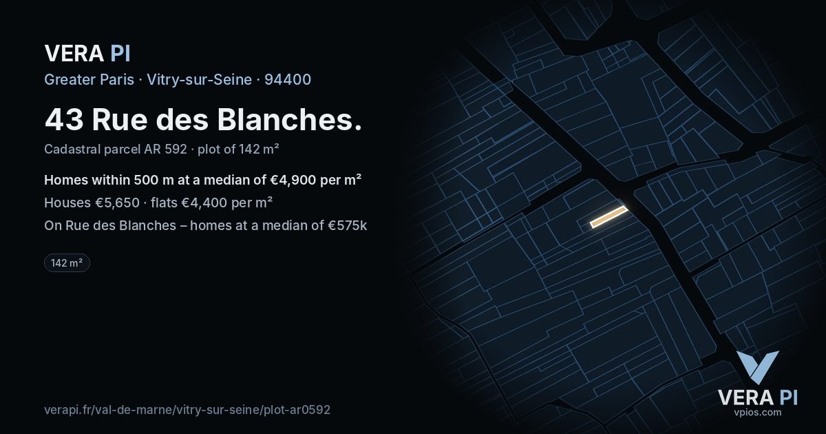 43 Rue des Blanches, Vitry-sur-Seine at night – the plot lit, the parcels around coloured by the prices near them