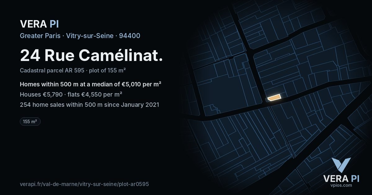 24 Rue Camélinat, Vitry-sur-Seine at night – the plot lit, the parcels around coloured by the prices near them
