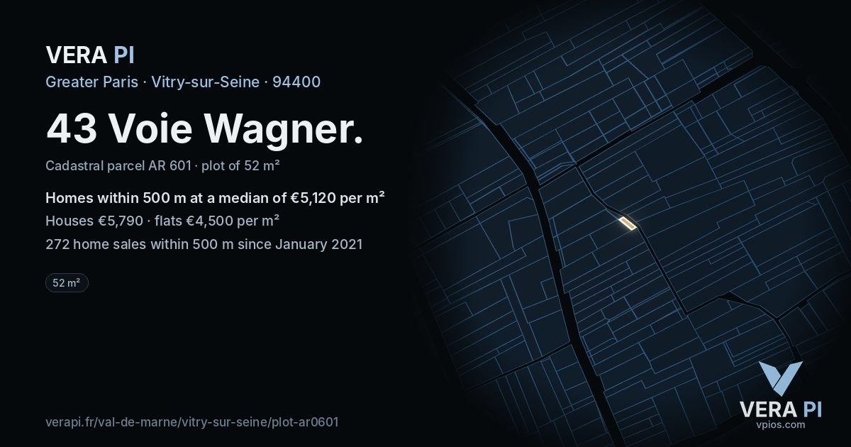 43 Voie Wagner, Vitry-sur-Seine at night – the plot lit, the parcels around coloured by the prices near them
