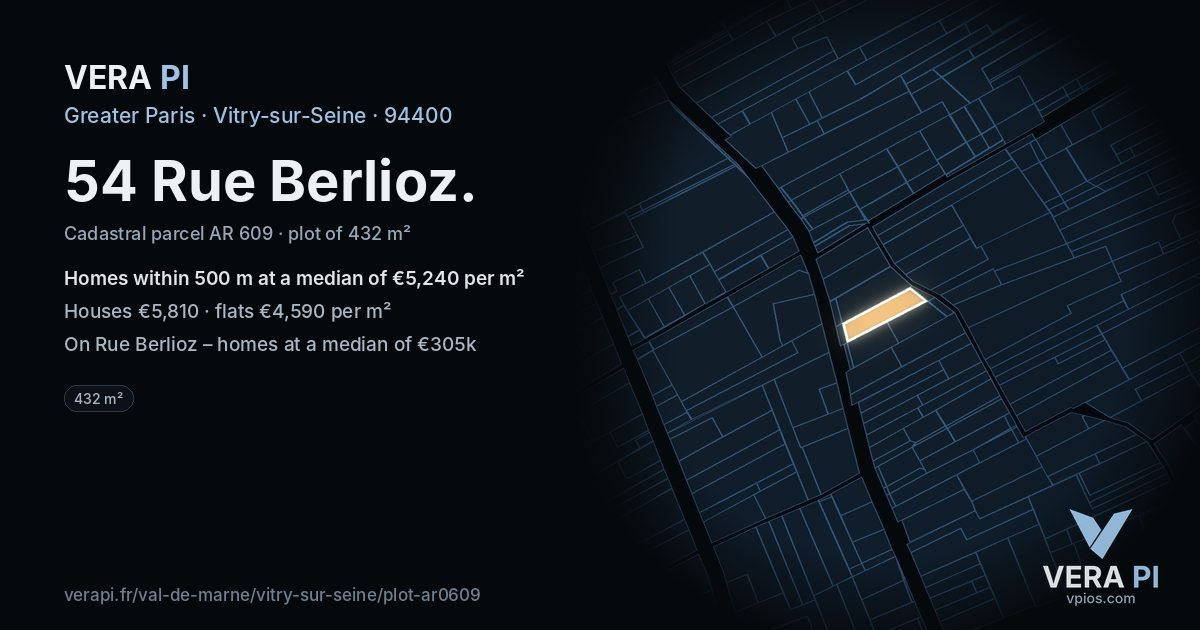 54 Rue Berlioz, Vitry-sur-Seine at night – the plot lit, the parcels around coloured by the prices near them