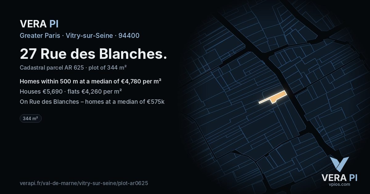 27 Rue des Blanches, Vitry-sur-Seine at night – the plot lit, the parcels around coloured by the prices near them