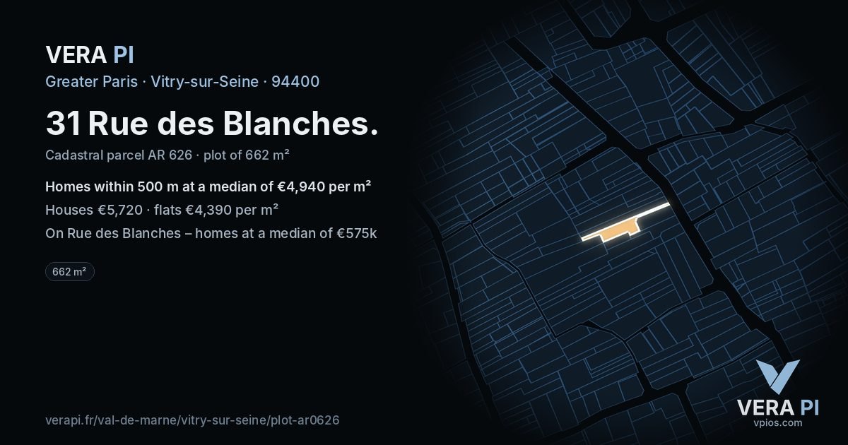31 Rue des Blanches, Vitry-sur-Seine at night – the plot lit, the parcels around coloured by the prices near them