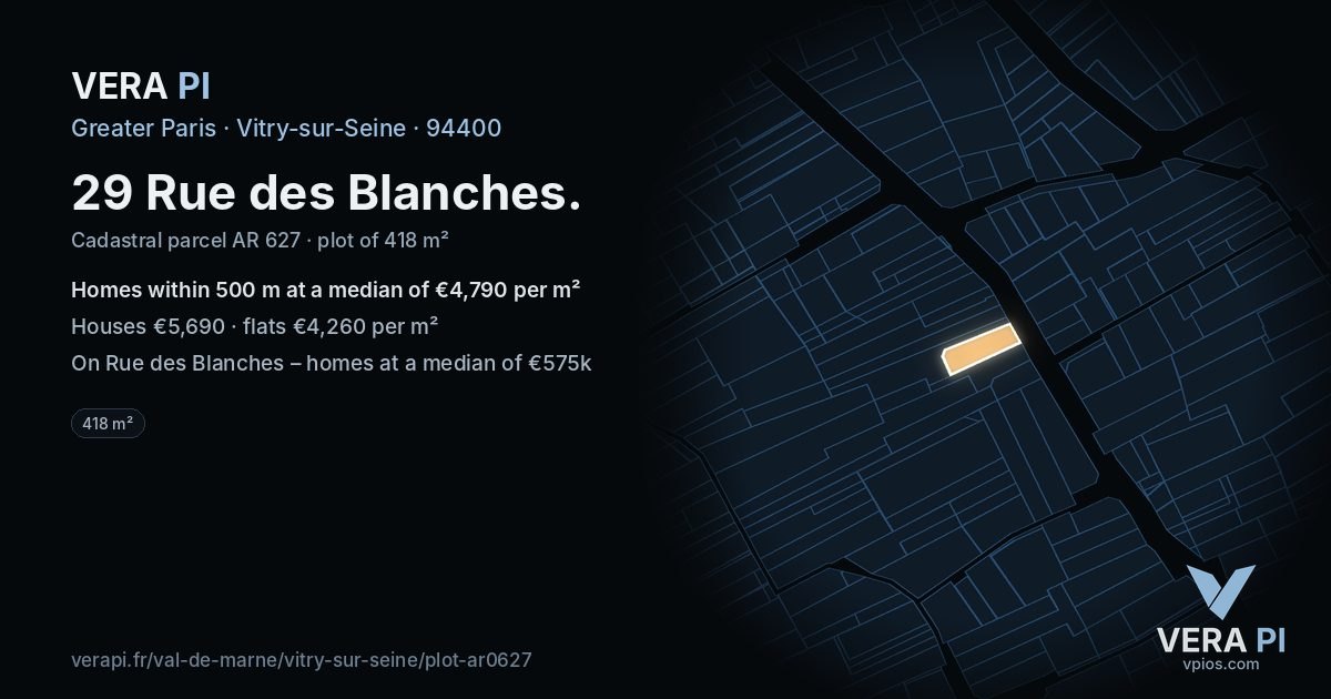 29 Rue des Blanches, Vitry-sur-Seine at night – the plot lit, the parcels around coloured by the prices near them
