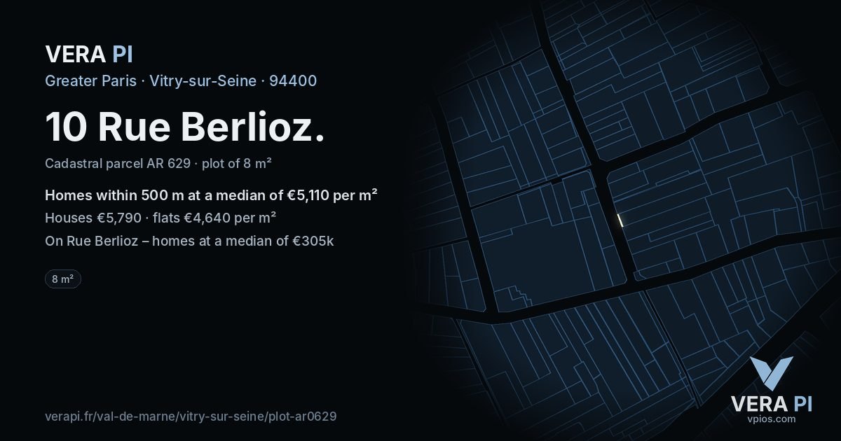 10 Rue Berlioz, Vitry-sur-Seine at night – the plot lit, the parcels around coloured by the prices near them