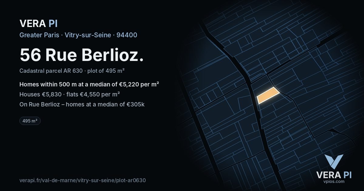 56 Rue Berlioz, Vitry-sur-Seine at night – the plot lit, the parcels around coloured by the prices near them