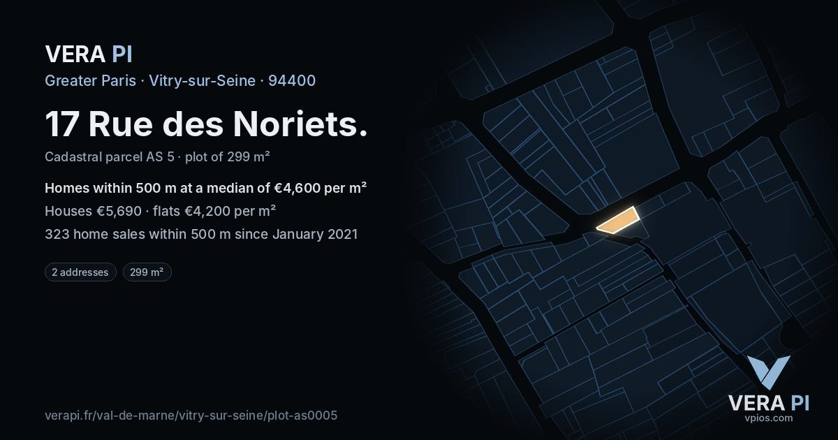 17 Rue des Noriets, Vitry-sur-Seine at night – the plot lit, the parcels around coloured by the prices near them