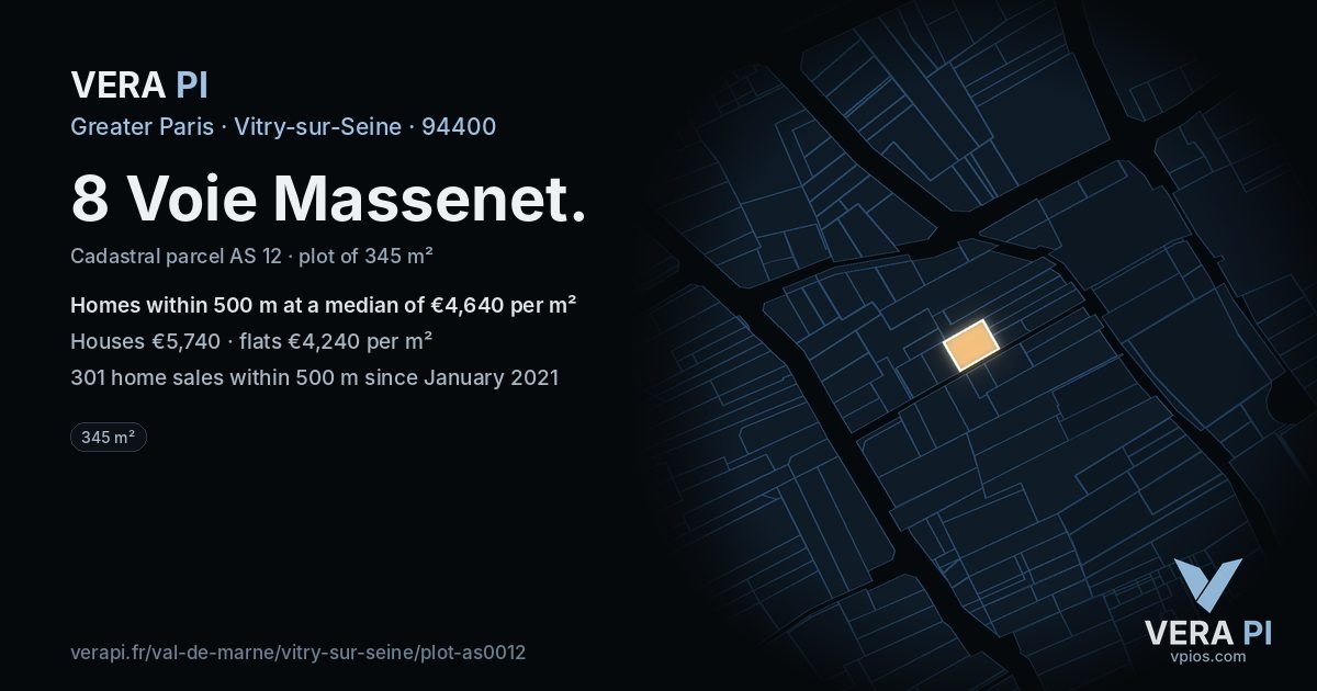 8 Voie Massenet, Vitry-sur-Seine at night – the plot lit, the parcels around coloured by the prices near them